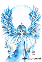 Size: 3600x5376 | Tagged: safe, artist:scarletsiblings, princess luna, human, g4, absurd resolution, clothes, dress, female, horn, horned humanization, humanized, looking at you, moon, side slit, solo, traditional art, watercolor painting, winged humanization