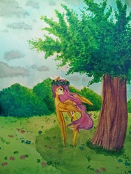 Size: 1024x1365 | Tagged: safe, artist:nunkask, fluttershy, g4, color correction, female, floral head wreath, looking away, solo, spread wings, standing, traditional art, turned head, under the tree, watercolor painting