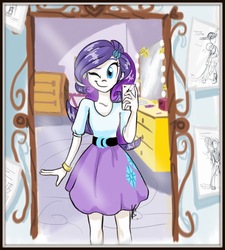 Size: 750x833 | Tagged: safe, artist:vago-xd, rarity, fanfic:a school crush, equestria girls, g4, belt, blouse, bracelet, clothes, cute, fanfic, fanfic art, female, hair, hairpin, jewelry, makeup, one eye closed, selfie, skirt, solo, teenager, wink