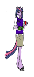 Size: 1379x3119 | Tagged: safe, artist:breadworth, twilight sparkle, anthro, unguligrade anthro, g4, apple, book, clothes, cloven hooves, female, food, solo, unshorn fetlocks