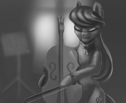 Size: 1280x1046 | Tagged: safe, artist:vell221, octavia melody, g4, bow (instrument), cello, cello bow, eyes closed, female, grayscale, implied scratchtavia, jewelry, monochrome, musical instrument, necklace, solo