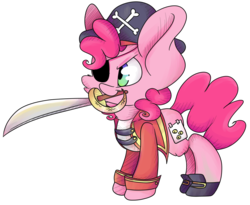 Size: 5579x4577 | Tagged: safe, artist:cutepencilcase, pinkie pie, g4, absurd resolution, cutlass, eyepatch, female, hat, mouth hold, pirate, pirate hat, simple background, solo, transparent background