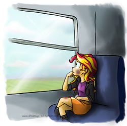 Size: 770x768 | Tagged: safe, artist:vago-xd, sunset shimmer, fanfic:a school crush, equestria girls, g4, blurry background, bruised, crossed legs, fanfic, fanfic art, female, indoors, looking out the window, scenery, solo, train