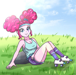 Size: 3507x3472 | Tagged: safe, artist:sumin6301, pinkie pie, equestria girls, g4, breasts, cleavage, clothes, cute, diapinkes, female, grass field, high res, looking at you, pinkie puffs, rock, roller skates, shorts, sitting, solo, tank top