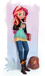 Size: 1067x1800 | Tagged: safe, artist:ajvl, sunset shimmer, equestria girls, g4, backpack, clothes, coffee, cup, dress, female, human coloration, journal, leather jacket, pants, solo