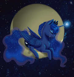 Size: 573x596 | Tagged: safe, artist:nastya-lazy-cat, princess luna, g4, crying, eyes closed, female, magic, moon, prone, solo, tangible heavenly object
