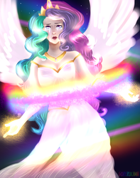 Size: 1024x1300 | Tagged: safe, artist:gureruchan, princess celestia, human, g4, princess twilight sparkle (episode), clothes, crying, dress, female, humanized, lipstick, looking at you, magic, scene interpretation, solo, winged humanization