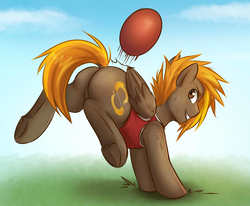 Size: 1747x1443 | Tagged: safe, artist:askbubblelee, oc, oc only, oc:singe, pegasus, pony, ball, bucking, butt, butt bump, butt smash, dock, face down ass up, featureless crotch, freckles, grin, looking at you, looking back, plot, smiling, smirk, solo, sports, sweat, underhoof