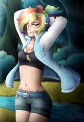 Size: 1660x2400 | Tagged: safe, artist:monnarcha, rainbow dash, human, g4, belly button, belt, breasts, clothes, female, grass field, humanized, midriff, redraw, river, scenery, shorts, signature, solo, sports bra, tree