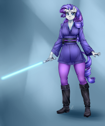 Size: 900x1080 | Tagged: safe, artist:pia-sama, rarity, anthro, plantigrade anthro, g4, crossover, female, jedi, lightsaber, solo, star wars, weapon