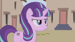 Size: 446x251 | Tagged: safe, artist:agrol, starlight glimmer, g4, animated, cutie mark, female, gif, looking at you, magic, s5 starlight, solo, staff, staff of sameness