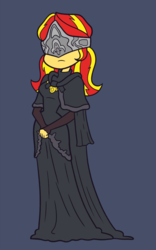 Size: 937x1500 | Tagged: safe, artist:khuzang, sunset shimmer, equestria girls, g4, cloak, clothes, crossover, dark souls, dark souls 3, female, fiery shimmer, fire keeper, solo