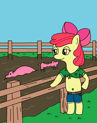 Size: 759x964 | Tagged: safe, artist:amateur-draw, apple bloom, pig, anthro, unguligrade anthro, g4, 1000 hours in ms paint, arm hooves, belly button, clothes, female, fence, midriff, ms paint, mud, solo