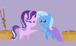 Size: 641x390 | Tagged: safe, artist:agrol, starlight glimmer, trixie, pony, unicorn, g4, no second prances, season 6, alicorn amulet, animated, box, female, friendship, gif, hoofshake, lidded eyes, looking at each other, pointy ponies, s5 starlight, simple background, smiling, staff, staff of sameness