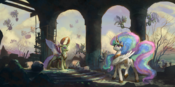 Size: 2160x1080 | Tagged: safe, artist:huussii, princess celestia, thorax, alicorn, changedling, changeling, pony, g4, to where and back again, aftermath, dead tree, female, king thorax, looking up, male, mare, raised leg, rebuilding, ruins, scenery, spread wings, swarm, tree