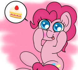 Size: 492x445 | Tagged: dead source, safe, artist:siropony, pinkie pie, earth pony, pony, g4, :p, blushing, cake, colored pupils, cute, diapinkes, female, food, pictogram, solo, speech bubble, squishy cheeks, tongue out