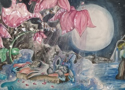 Size: 2952x2136 | Tagged: safe, artist:lunar-white-wolf, princess luna, g4, female, full moon, high res, scenery, sleeping, solo, surreal, traditional art, watermark