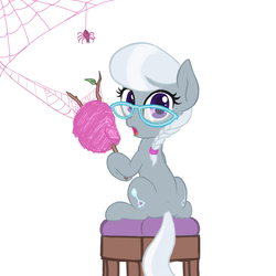 Size: 1500x1500 | Tagged: safe, artist:lemon, silver spoon, pony, spider, g4, both cutie marks, cotton candy, cotton candy spiders, cute, shocked, spider web, twig