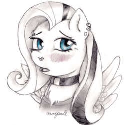 Size: 1206x1206 | Tagged: source needed, safe, artist:anonpencil, fluttershy, g4, blushing, clothes, collar, emoshy, eyeliner, female, flutterpriest, goth, makeup, pencil drawing, piercing, shirt, solo, traditional art