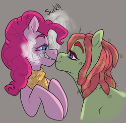 Size: 888x871 | Tagged: safe, artist:wlemin, pinkie pie, tree hugger, g4, bust, drugs, kissing, lidded eyes, looking at each other, marijuana, pinkiehugger, shipping, simple background, smiling, smoke