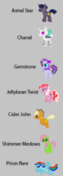 Size: 150x417 | Tagged: safe, artist:warpx97, oc, oc only, oc:astral star, oc:chanal, oc:cider john, oc:gemstone, oc:jellybean twist, oc:prism flare, oc:shimmer meadows, changeling, dracony, earth pony, hybrid, pegasus, pony, unicorn, adopted offspring, agender, albino, female, femboy, interspecies offspring, male, misspelling, mlp: generation neo, next generation, offspring, parent:applejack, parent:emerald ray, parent:flash sentry, parent:fluttershy, parent:pinkie pie, parent:rainbow dash, parent:rarity, parent:soarin', parent:spike, parent:twilight sparkle, parents:flashlight, parents:soarindash, parents:sparity, sprite, text in description