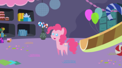 Size: 1280x720 | Tagged: safe, artist:agrol, pinkie pie, g4, party pooped, balloon, basement, candy, candy cane, disco ball, female, food, party cave, pointy ponies, solo, streamers