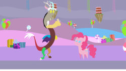 Size: 1280x720 | Tagged: safe, artist:agrol, discord, fluttershy, pinkie pie, draconequus, earth pony, pony, g4, balloon, cake, candy, floating island, food, lollipop, micro, pointy ponies, present