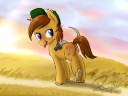 Size: 4000x3000 | Tagged: safe, artist:pucksterv, oc, oc only, oc:autumn harvest, pony, butt, hat, looking back, plot, sickle, solo, sweat