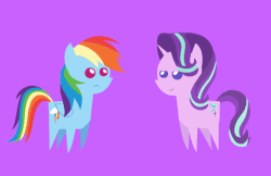 Size: 595x386 | Tagged: safe, artist:agrol, part of a set, rainbow dash, starlight glimmer, pegasus, pony, unicorn, every little thing she does, g4, season 6, animated, bowing, eyes closed, female, fiducia compellia, gif, glowing eyes, glowing horn, horn, lidded eyes, magic, mare, mind control, open mouth, pointy ponies, simple background, smiling