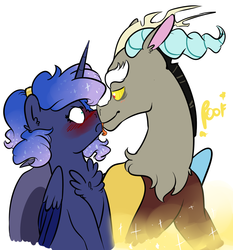 Size: 1200x1287 | Tagged: safe, artist:soft-arthropod, discord, princess luna, g4, blushing, licking, male, ship:lunacord, shipping, straight, tongue out, tsundere, tsunderuna