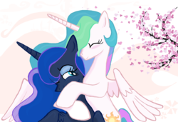 Size: 1858x1268 | Tagged: safe, artist:sallycars, princess celestia, princess luna, pony, g4, bipedal, blushing, cute, eyes closed, hug, lidded eyes, one eye closed, royal sisters, smiling, spread wings, tree branch, wink