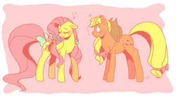 Size: 871x479 | Tagged: safe, artist:waackery, applejack, fluttershy, g4, blushing, bouquet, bow, female, floppy ears, flower, heart, lesbian, pixel art, ship:appleshy, shipping, tail bow