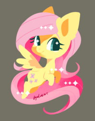 Size: 1207x1534 | Tagged: safe, artist:snow angel, fluttershy, g4, colored pupils, cute, female, flying, gray background, shyabetes, simple background, smiling, solo, spread wings, starry eyes, turned head, wingding eyes