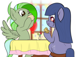Size: 3994x3000 | Tagged: safe, artist:underwoodart, oc, oc only, oc:cosmia nebula, oc:screwpine caprice, earth pony, pegasus, pony, balloon, blue coat, blue mane, blurry background, brown eyes, cafe, coffee, commission, confetti, cup, drinking, earth pony oc, eating, flower, food, green coat, green mane, high res, muffin, multicolored hair, party, pegasus oc, simple background, sitting, spread wings, sugarcube corner, table, teacup, transparent background, wings