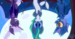 Size: 1024x535 | Tagged: safe, artist:meekcheep, oc, oc only, oc:marina (efnw), oc:saros, oc:spirit chaser, bat pony, orca pony, original species, pony, behaving like a bat, cute, everfree northwest, grin, hanging, looking at you, mascot, moon, night, one of these things is not like the others, smiling, squee, tree, upside down