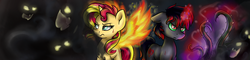 Size: 4856x1172 | Tagged: safe, artist:gaelledragons, sunset shimmer, oc, fanfic:le jeu des morts, g4, banner, fanfic, fanfic art, fiery wings, high res, magic, wings