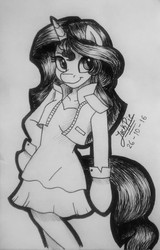 Size: 615x960 | Tagged: safe, artist:jack-pie, sunset shimmer, anthro, unguligrade anthro, equestria girls, g4, clothes, dress, female, leather jacket, monochrome, signature, sketch, solo, traditional art