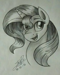 Size: 759x960 | Tagged: safe, artist:jack-pie, sunset shimmer, pony, g4, female, head only, monochrome, open mouth, signature, sketch, solo, traditional art