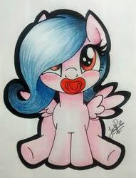 Size: 733x960 | Tagged: safe, artist:jack-pie, oc, oc only, colored, cute, female, filly, looking at you, pacifier, signature, solo, traditional art