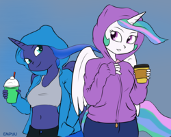 Size: 1000x800 | Tagged: safe, artist:empyu, princess celestia, princess luna, anthro, g4, belly button, clothes, coffee, duo, gradient background, hoodie, looking at each other, midriff, royal sisters, smiling, sports bra