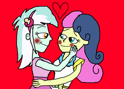 Size: 900x643 | Tagged: safe, artist:ktd1993, bon bon, lyra heartstrings, sweetie drops, equestria girls, g4, blushing, caress, female, lesbian, lidded eyes, looking at each other, ship:lyrabon, shipping, simple background, smiling