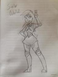 Size: 600x800 | Tagged: safe, artist:artiestroke, derpy hooves, fanfic:crossworlds guardian sailor orbital, equestria girls, g4, fanfic, fanfic art, female, grayscale, lined paper, monochrome, photo, sailor moon (series), solo, traditional art