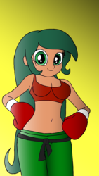 Size: 720x1280 | Tagged: safe, artist:toyminator900, timber spruce, equestria girls, g4, belly button, boxing, boxing gloves, breasts, busty forest pine, cleavage, clothes, equestria guys, female, forest pine, midriff, pants, rule 63, solo, sports bra, sweatpants