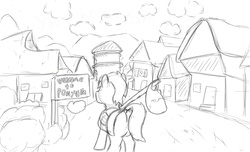 Size: 2300x1400 | Tagged: safe, artist:curious, pegasus, pony, 2014, cloud, ipad, monochrome, perspective, ponyville, scenery, solo, thatched roof cottages, town