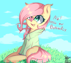 Size: 2200x1963 | Tagged: safe, artist:freefraq, artist:kawaiipony2, fluttershy, butterfly, pony, g4, butterfly on nose, clothes, collaboration, cute, daaaaaaaaaaaw, dialogue, ear fluff, female, high res, hoodie, insect on nose, mare, open mouth, shyabetes, solo, weapons-grade cute