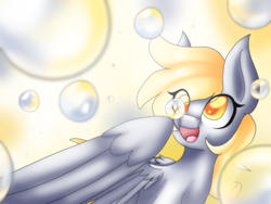 Size: 2048x1536 | Tagged: safe, artist:silviasilvar, derpy hooves, pegasus, pony, g4, :d, bubble, bust, female, mare, open mouth, smiling, solo, spread wings