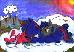 Size: 3475x2442 | Tagged: safe, artist:saxpony, oc, oc only, oc:blue mane, oc:noobsie, oc:tesla drive, bat pony, pegasus, pony, cloud, cute, diaper, female, filly, foal, high res, mare, traditional art