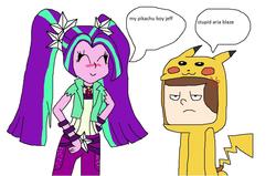 Size: 1472x936 | Tagged: safe, aria blaze, human, equestria girls, g4, animal costume, clarence, clothes, costume, crossover, disguise, disguised siren, duo, duo male and female, female, jeff randell, male, pikachu costume, pokémon, pokémon costume