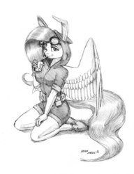 Size: 1100x1430 | Tagged: safe, artist:baron engel, fluttershy, pegasus, anthro, unguligrade anthro, g4, breasts, bunny ears, clothes, costume, dangerous mission outfit, female, goggles, grayscale, hoodie, juice, juice box, looking at you, monochrome, pencil drawing, simple background, sketch, smiling, solo, traditional art, white background