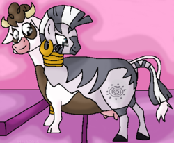 Size: 498x410 | Tagged: safe, artist:mojo1985, daisy jo, zecora, cow, zebra, g4, conjoined, two heads, udder, what has science done, zebrow